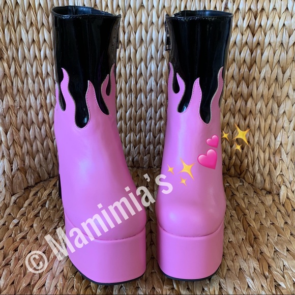 Pink n Black Patent Flame Platform Booties - Picture 2 of 8